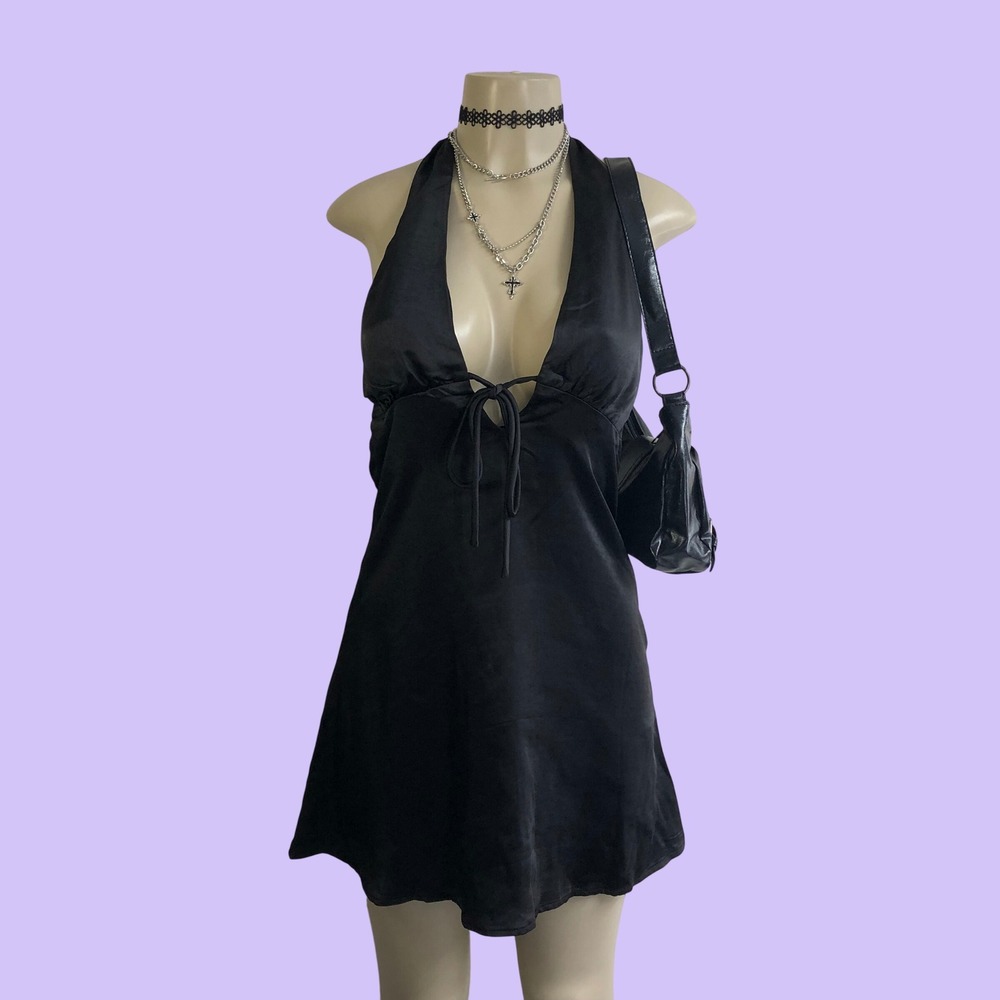 NWT Princess Polly Black Satin Lanier Halter Mini Dress Size US 6 / AU 10